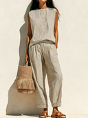 Women's Retro Casual Cotton Linen Striped Sleeveless Loose Top And Pants Set ZMZ1202F7ZJY