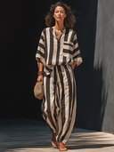 Women's Retro Casual Cotton Linen Striped Elbow-Length Sleeve Loose Top And Pants Set ZMZ1256F8ZJY
