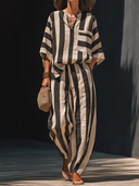 Women's Retro Casual Cotton Linen Striped Elbow-Length Sleeve Loose Top And Pants Set ZMZ1256F8ZJY