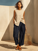 Women's Retro Casual Cotton Linen Solid Color Round Neck Sleeveless Top And Pants Set ZMZ1229F8ZJY