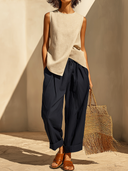 Women's Retro Casual Cotton Linen Solid Color Round Neck Sleeveless Top And Pants Set ZMZ1229F8ZJY
