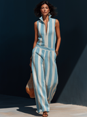 Women's Retro Casual Cotton Linen Striped Zipper Sleeveless Jumpsuit ZMZ1264F5ZJY