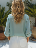 Women's Elegant Light Blue Cotton-Linen Long-Sleeve Top With V-Neck ZMZ1258F3SWL