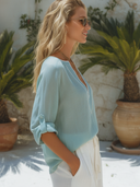 Women's Elegant Light Blue Cotton-Linen Long-Sleeve Top With V-Neck ZMZ1258F3SWL