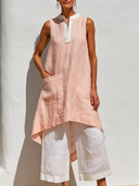 Women's Minimal Resort Style Premium Linen Color Block Sleeveless Tunic & Wide Leg Pants Set ZMZ1252F5YZH