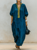Women's Premium Minimalist Henley Neck And Short Sleeves  Cotton-Linen Loose Maxi Dress ZMZ1264F1ZYY