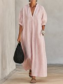 Women's Premium Minimalist Pink-and-White Check With Henley Neck And Short Sleeves Cotton-Linen Loose-Fit Maxi Dress  ZMZ1216F6ZYY