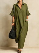 Women's Premium Minimalist Cotton-Linen With Collar, Zipper, And Tasseled Cuffs Short-Sleeve Maxi Dress ZMZ1206F1ZYY
