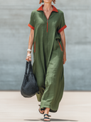 Women's Fashionable Casual Color-Block Panels, Lapel Collar, And Zipper Loose Short-Sleeve Cotton-Linen Maxi Dress ZMZ1297F4ZYY