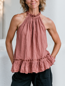 Women's Boho Romantic Style Premium Linen Ruffle Neck Halter Peplum Top ZMZ1289F4YZH