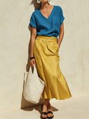 Women's Casual-Chic Cotton-Linen V-Neck Short-Sleeve T-Shirt And Satin Skirt Set ZMZ1287F1ZYY