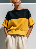 Women's Minimal Resort Style Premium Linen Color Block Boat Neck Cuffed Sleeve Blouse ZMZ1295F0YZH
