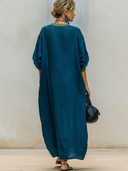 Women's Premium Minimalist Henley Neck And Short Sleeves  Cotton-Linen Loose Maxi Dress ZMZ1264F1ZYY
