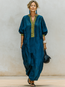 Women's Premium Minimalist Henley Neck And Short Sleeves  Cotton-Linen Loose Maxi Dress ZMZ1264F1ZYY