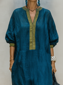 Women's Premium Minimalist Henley Neck And Short Sleeves  Cotton-Linen Loose Maxi Dress ZMZ1264F1ZYY