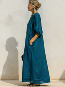Women's Premium Minimalist Henley Neck And Short Sleeves  Cotton-Linen Loose Maxi Dress ZMZ1264F1ZYY