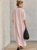 Women's Premium Minimalist Pink-and-White Check With Henley Neck And Short Sleeves Cotton-Linen Loose-Fit Maxi Dress  ZMZ1216F6ZYY