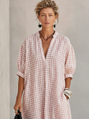 Women's Premium Minimalist Pink-and-White Check With Henley Neck And Short Sleeves Cotton-Linen Loose-Fit Maxi Dress  ZMZ1216F6ZYY