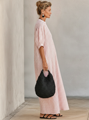 Women's Premium Minimalist Pink-and-White Check With Henley Neck And Short Sleeves Cotton-Linen Loose-Fit Maxi Dress  ZMZ1216F6ZYY