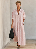 Women's Premium Minimalist Pink-and-White Check With Henley Neck And Short Sleeves Cotton-Linen Loose-Fit Maxi Dress  ZMZ1216F6ZYY