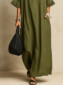 Women's Premium Minimalist Cotton-Linen With Collar, Zipper, And Tasseled Cuffs Short-Sleeve Maxi Dress ZMZ1206F1ZYY