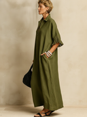 Women's Premium Minimalist Cotton-Linen With Collar, Zipper, And Tasseled Cuffs Short-Sleeve Maxi Dress ZMZ1206F1ZYY