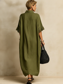 Women's Premium Minimalist Cotton-Linen With Collar, Zipper, And Tasseled Cuffs Short-Sleeve Maxi Dress ZMZ1206F1ZYY
