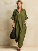 Women's Premium Minimalist Cotton-Linen With Collar, Zipper, And Tasseled Cuffs Short-Sleeve Maxi Dress ZMZ1206F1ZYY