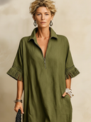 Women's Premium Minimalist Cotton-Linen With Collar, Zipper, And Tasseled Cuffs Short-Sleeve Maxi Dress ZMZ1206F1ZYY