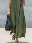 Women's Fashionable Casual Color-Block Panels, Lapel Collar, And Zipper Loose Short-Sleeve Cotton-Linen Maxi Dress ZMZ1297F4ZYY