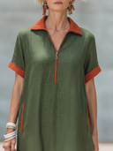 Women's Fashionable Casual Color-Block Panels, Lapel Collar, And Zipper Loose Short-Sleeve Cotton-Linen Maxi Dress ZMZ1297F4ZYY