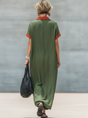 Women's Fashionable Casual Color-Block Panels, Lapel Collar, And Zipper Loose Short-Sleeve Cotton-Linen Maxi Dress ZMZ1297F4ZYY