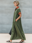 Women's Fashionable Casual Color-Block Panels, Lapel Collar, And Zipper Loose Short-Sleeve Cotton-Linen Maxi Dress ZMZ1297F4ZYY