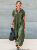 Women's Fashionable Casual Color-Block Panels, Lapel Collar, And Zipper Loose Short-Sleeve Cotton-Linen Maxi Dress ZMZ1297F4ZYY