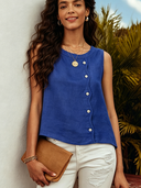 Women's Solid Color Cotton Linen Round Neck Sleeveless Shirt ZMZ1240F6XT