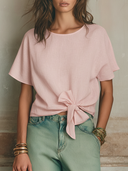 Women's Solid Color Cotton Linen Crew Neck Short Sleeve Tie Hem T-Shirt ZMZ1263F7XT