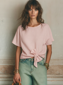 Women's Solid Color Cotton Linen Crew Neck Short Sleeve Tie Hem T-Shirt ZMZ1263F7XT