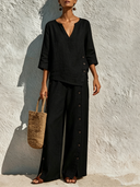 Women's Relaxed-Fit Cotton-Linen Crew-Neck Top And Trousers Two-Piece Set ZMZ1244F9XT