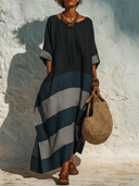 Women's Casual Cotton-Linen Color-Block Crew-Neck Maxi Dress ZMZ1237F3XT
