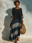 Women's Casual Cotton-Linen Color-Block Crew-Neck Maxi Dress ZMZ1237F3XT