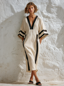 Women's Color-Block V-Neck Cotton-Linen Midi Dress ZMZ1271F4XT