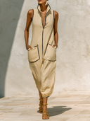 Women's Casual Color-blocked Stand-up Collar Sleeveless Jumpsuit ZMZ1231F0XT