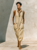 Women's Casual Color-blocked Stand-up Collar Sleeveless Jumpsuit ZMZ1231F0XT
