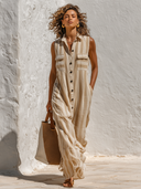 Women's Striped Print Sleeveless Maxi Dress With Collar ZMZ1229F4XT