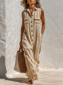 Women's Striped Print Sleeveless Maxi Dress With Collar ZMZ1229F4XT