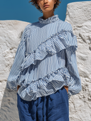 Women's Casual Striped Ruffled Long-sleeved Shirt ZMZ1218F9XT