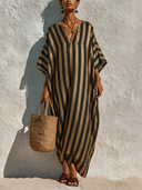 Women's Casual Loose Striped V-Neck Mid-Sleeve Maxi Dress ZMZ1294F0XT
