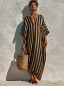 Women's Casual Loose Striped V-Neck Mid-Sleeve Maxi Dress ZMZ1294F0XT