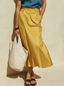 Women's Casual-Chic Cotton-Linen V-Neck Short-Sleeve T-Shirt And Satin Skirt Set ZMZ1287F1ZYY