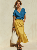 Women's Casual-Chic Cotton-Linen V-Neck Short-Sleeve T-Shirt And Satin Skirt Set ZMZ1287F1ZYY